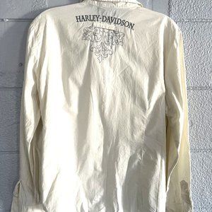 Woman's Snap Button Harley Davidson Cream Color Dress Long Sleeve Shirt